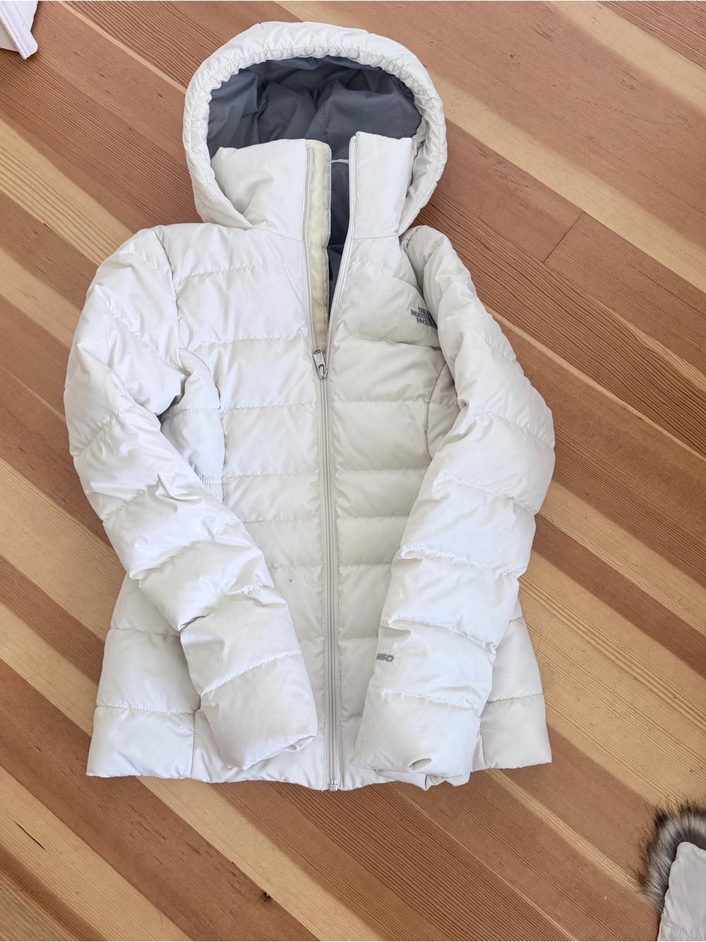 Northface White Puffer Jacket with Hood - removable for trim